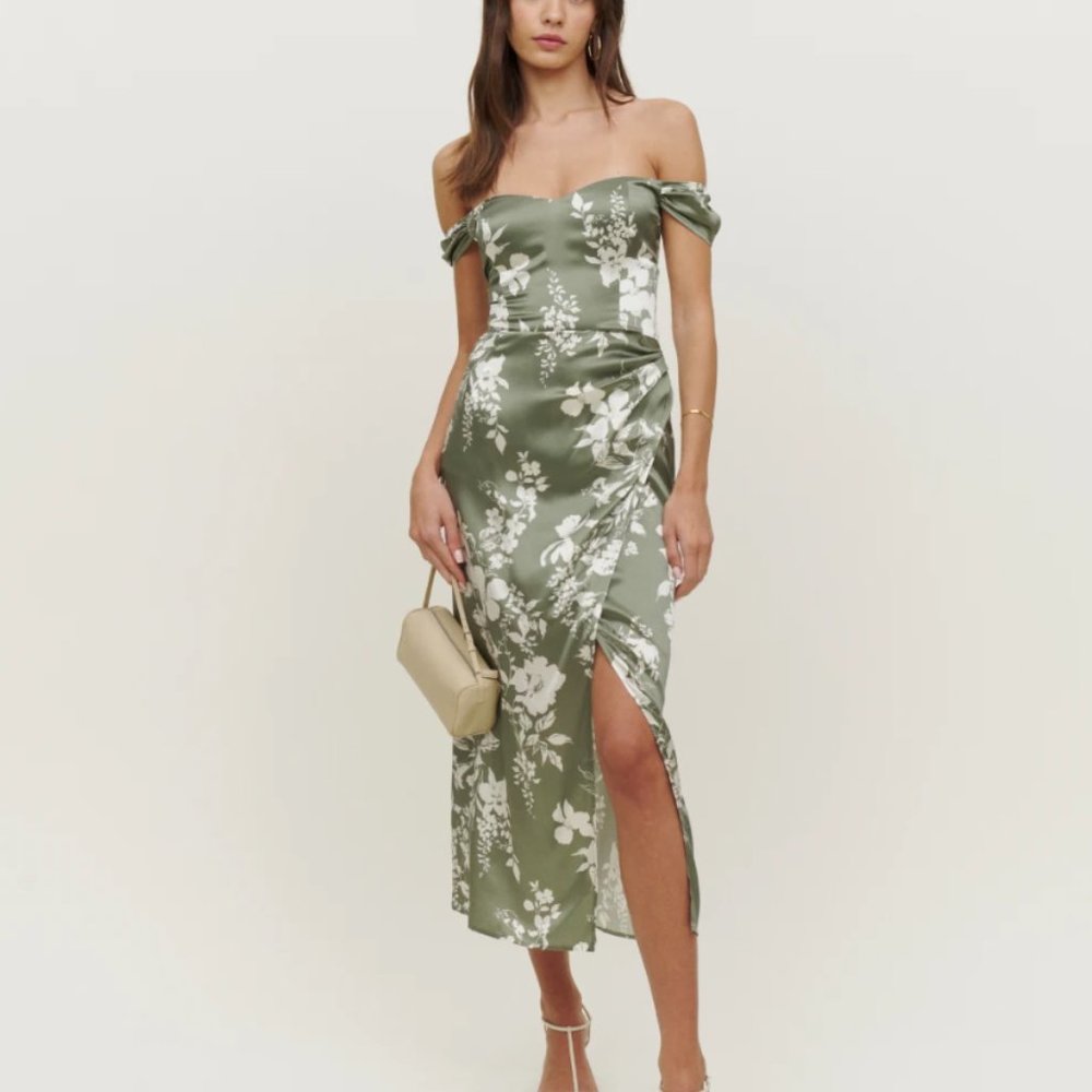 Reformation Genesis Silk Off-Shoulder Midi Dress in Willow - Sz 4 - Like New!